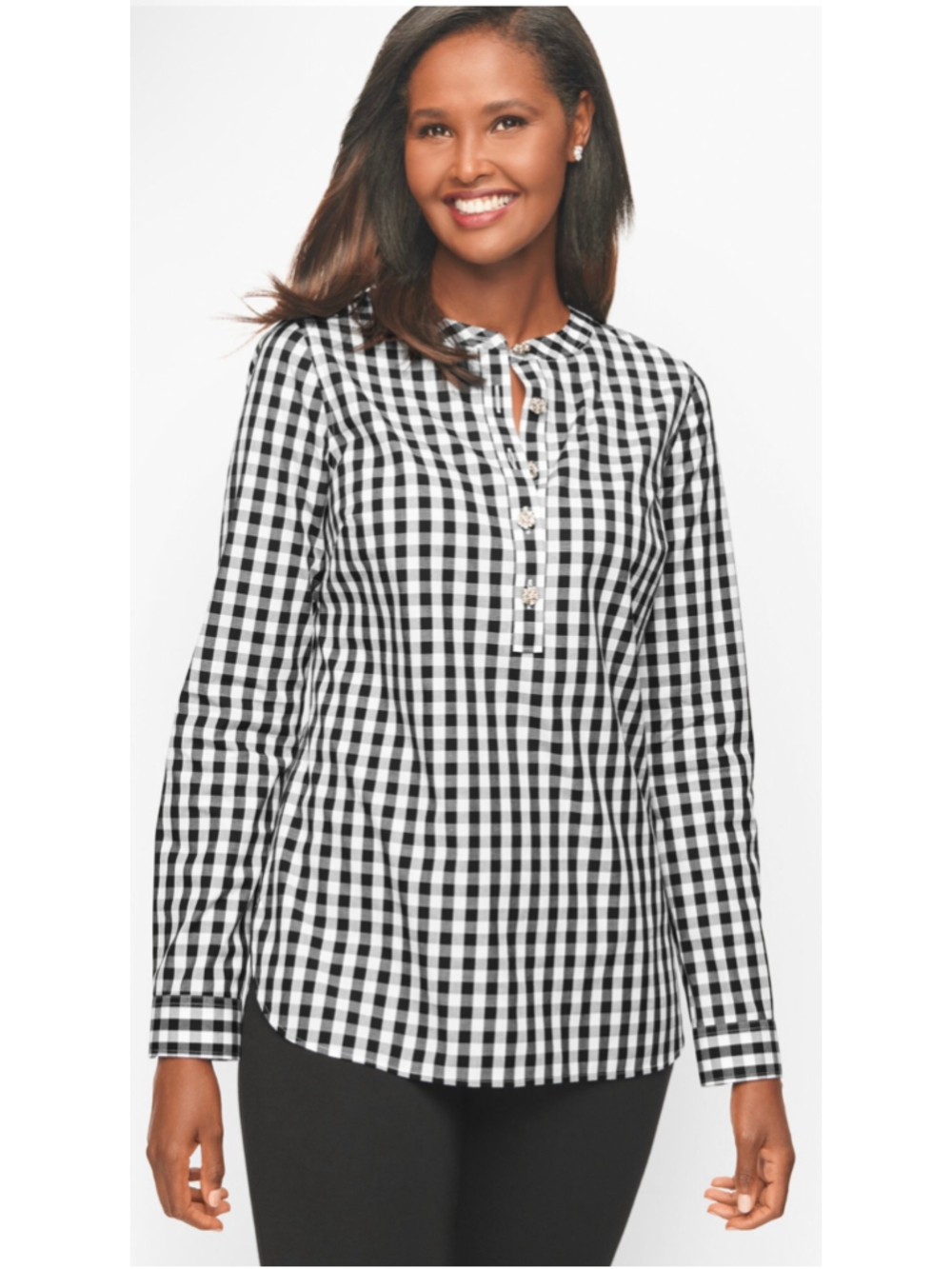 NEW Talbots Band Collar Tunic Buffalo Plaid Top L